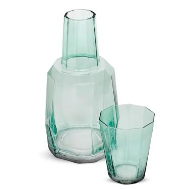 Imagem de Bruno Magli Garrafa Green Geo | Conjunto de 2 peças | Copo de vidro funciona como uma tampa | Jarra de água elegante para mesa de cabeceira com copo combinando para decoração de escritório, casa e