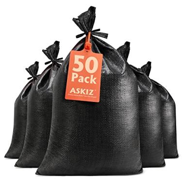 Imagem de ASKIZ Sacos de areia resistentes, sacos de areia de tecido vazios com cordas de amarrar com 1600 horas de sacos de areia de polipropileno com proteção UV - 40,64 cm x 64,75 cm, sacos de areia ultra resistentes para inundação de furacão (50 sacos pretos)