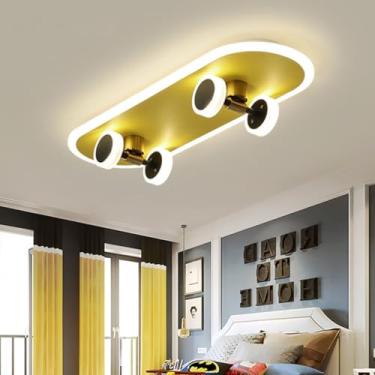 Imagem de Luminária de teto LED moderna com design de skate para quarto infantil, dimerizável e com controle remoto. Ideal para quartos de meninos e meninas, salas de jantar, salas de estar e quartos