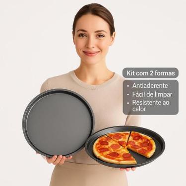 Imagem de Kit 2 Formas de Pizza 36cm Antiaderente Aço Carbono Crocante Forno Con