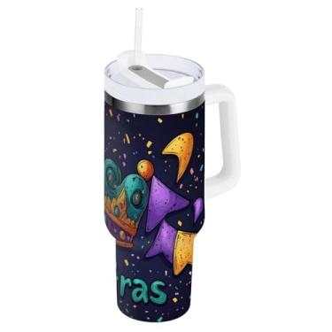 Imagem de Blueangle Copo isolado de coroa de carnaval de 850 g com alça e tampa de palha, caneca de viagem reutilizável de aço inoxidável (252)