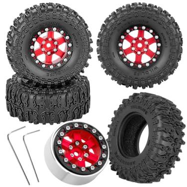 Imagem de RCMYou RC 1.3" Beadlock Tires and Wheels for 1/24 1/18 SCX24 Trx4m Ascent-18 FCX24 RC Crawler Car,1.3 rc Tires(4PCS),Aluminum Wheels Rim Soft Rubber Tire,Red