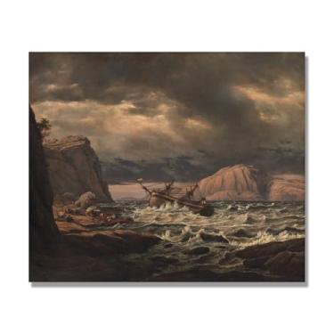 Imagem de NHLDZYH Quadro famoso para salão - réplica de J.C. Dahl - Paisagem romântica nórdica em tela - decoração de parede elegante. (Naufrágio costeiro). 70 x 84 cm. Apenas tela.