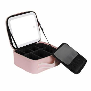 Imagem de Bolsa de Maquiagem para Viagem com Espelho Iluminado 3 Cores Luzes Ajustáveis Recarregável Estojo Organizador Mulheres e Meninas Divisórias Suporte Pi