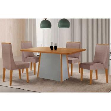 Imagem de Conjunto Sala de Jantar Tilia c/ Tampo Madeirado Canto Curvo 120x80cm e 4 Cadeiras Dakota Madeira Maciça Naturale/Off White - Capuccino/Linho Capuccin