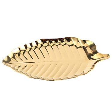 Imagem de Bandeja de joias em forma de folha estilo nórdico, organizador decorativo, prato de armazenamento para decoração de casa, hotel, banquete, aço inoxidável, dourado 9,5x17cm