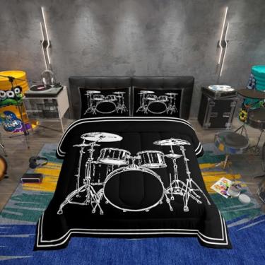 Imagem de Erosebridal Conjunto de cama King com desenho de música rock, conjunto de edredom para crianças, meninos, meninas, tema musical, edredom para amantes de tambor