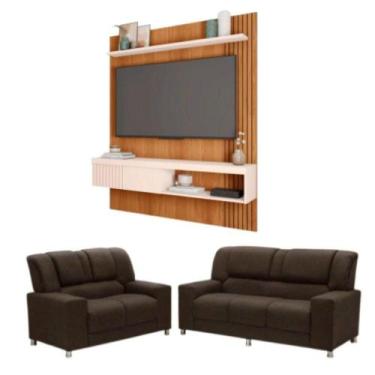 Imagem de Kit Sofás Sandero Com Painel Esmeralda 55 Caemmun Marrom/freijo/off Wh