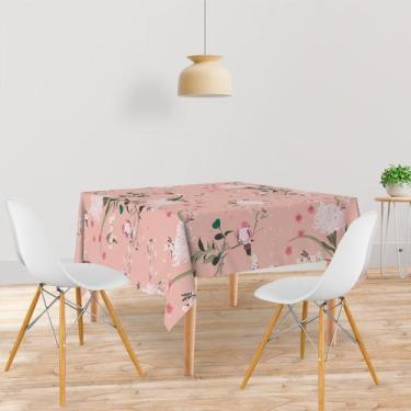 Imagem de Toalha De Mesa Quadrada Tecido Oxford Rosa Flores e Pássaros -140x140c