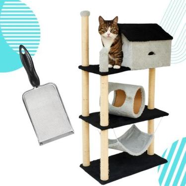 Imagem de Kit Com Pá Higiênica Inox + Torre Casinha De Gato 3 Níveis - Palaziun