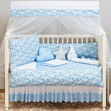 Imagem de Kit Berço Americano Completo Estampado Nuvem New Azul 13 peças - Chuva