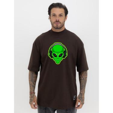 Imagem de Camiseta Camisa Oversized Gola Alta Estampa ET Green Streetwear Algodão Premium Marrom-Masculino