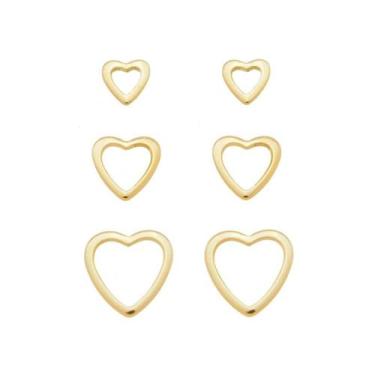 Imagem de Trio de brincos de coração tati folheado a ouro 18k - PIUKA, Dourado, 