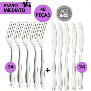 Imagem de Kit 48 Garfo e Faca Inox Talheres de Aço Inoxidável Elegante Design Mo