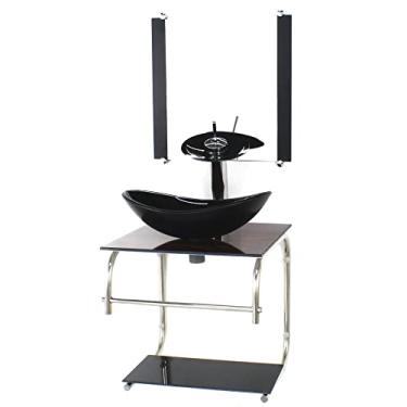 Imagem de GABINETE DE VIDRO CUBA OVAL 40CM INOX MADEIRA NOGUEIRA COM TORNEIRA CASCATA