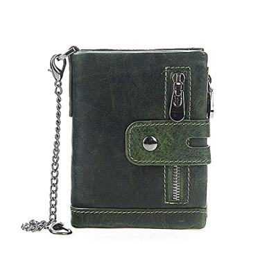 Imagem de Carteira masculina masculina de couro legítimo com bloqueio de RFID e bolso para moedas com corrente, carteira masculina de couro legítimo fina, verde