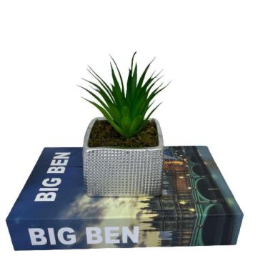 Imagem de Conjunto decoração livro Big Ben + vaso prata quadrado