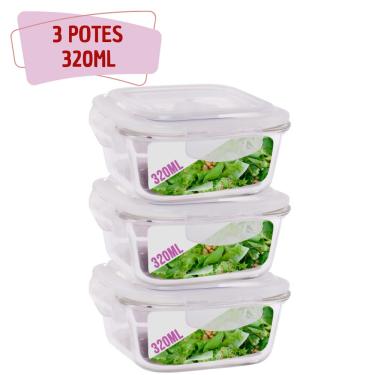 Imagem de Kit 3 Potes Tampa Hermetica Quadrado de Vidro 320ml Alimento