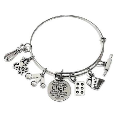 Imagem de Pulseira de chef, joias de chef, pulseira de pingente de cozinha, pulseira I Love to Cook, rolo de massa, forma de bolo, colher de medida, copo de medição, batedor de ovos, pulseira de pingente de chef, pulseira de bracelete de chef, Banhado a prata, liga de zinco