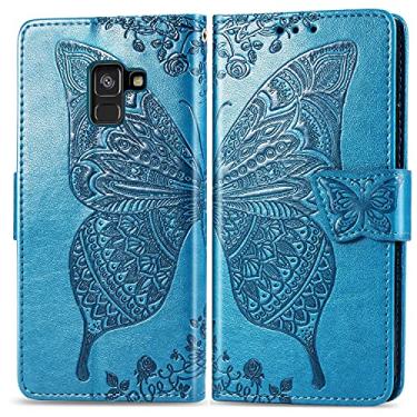 Imagem de CHAJIJIAO Capa flip capa carteira para Samsung Galaxy A8 2018, capa de telefone carteira flip bumper à prova de choque / alça de pulso/coldre floral padrão borboleta capa carteira para telefone (cor: azul)