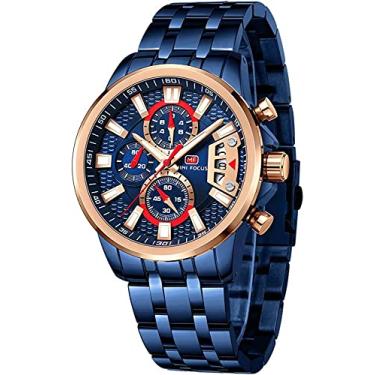 Imagem de MF MINI FOCUS Relógios de aço inoxidável para homens moda esporte cronógrafo relógio masculino luxo luminoso quartzo relógio de pulso, Azul, ouro rosa