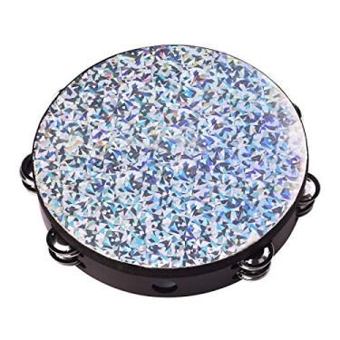 Imagem de SIMBAE Pandeiro de madeira 25,4 cm de madeira radiante pandeiro tambor de mão com duas fileiras jingles brilhante cabeça de tambor reflexivo instrumento de percussão brinquedo para adultos dançando cantando festa quebrada G