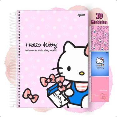 Imagem de Caderno Hello Kitty 10 Matérias Feminino Capa Dura Adesivos Gatinha Es