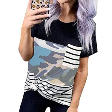 Imagem de Camiseta Feminina de Verão, Poliéster Macio Feminino Manga Curta Com Gola Redonda e Bolso para a Vida Diária (XL)