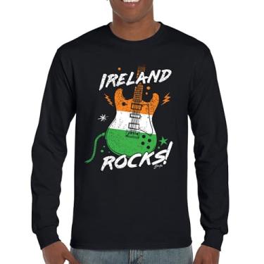 Imagem de Camiseta de manga comprida com bandeira de guitarra Ireland Rocks Dia de São Patrício Shamrock Groove Vibe Pub Celtic Rock and Roll cravo, Preto, GG