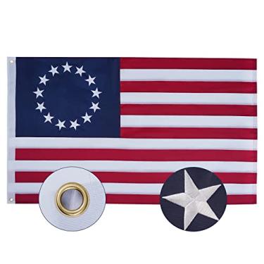 Imagem de SYII Bandeira Betsy Ross feita nos EUA 9 x 1,5 m, bordado 13 estrelas colônia bandeiras americanas com 2 ilhós de latão e listras costuradas duplamente, poliéster resistente 4 de julho banner externo