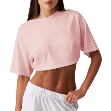 Imagem de Fisoew Camisetas femininas de algodão manga curta atléticas verão solo básico para treino, rosa, M
