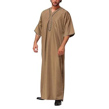 Imagem de Roupão masculino casual solto muçulmano árabe Dubai manga média botão camisa masculina slim fit camisa social manga longa, Caqui, 4G