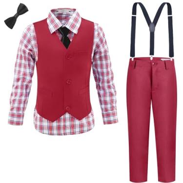 Imagem de Conjunto de roupas formais para meninos, smoking e calça xadrez, suspensórios, para meninos adolescentes, Conjunto de calça colete bordô, 14