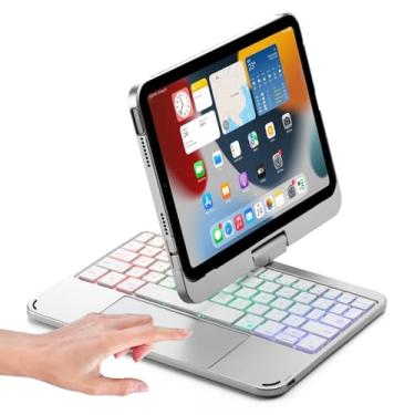 Imagem de Capa de teclado para iPad Mini 7 A17 Pro/Mini 6 giratória, capa com teclado touchpad para iPad Mini 7ª/6ª geração de 8,3 polegadas com retroiluminação rotativa do trackpad, prata