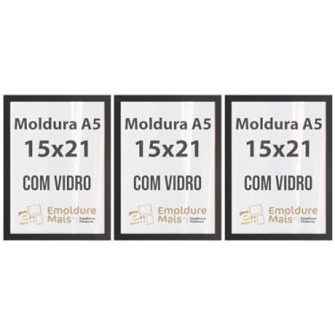 Imagem de Kit 3 Porta Retrato 15x21 Moldura de Madeira com Vidro Tamanho folha A5 Preto Branco Dourado Prata Tabaco para Fotos e Quadros decorativos (Preto, apoio de parede)