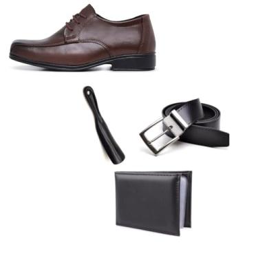 Imagem de Kit Sapato Social Infantil Menino Solado PVC Cadarço Igreja Com Carteira Cinto e Calçadeira Tamanho:31;Cor:Marrom;Gênero:Menino;Departamento BS:Esporte