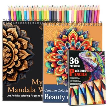 Imagem de 2 livros de colorir para adultos mandala, para mulheres, relaxamento, com 36 lápis de cor, livro de colorir para adultos, encadernado em espiral, papel grosso, design unilateral, lápis de colorir para