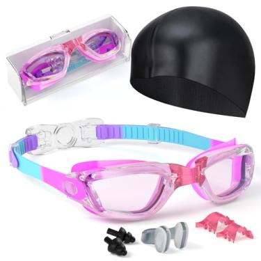 Imagem de Hurdilen Óculos de natação infantis, óculos de natação para crianças de 3 a 14 anos com touca de natação, clipe de nariz, ponte de nariz, tampões de ouvido