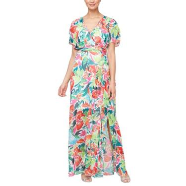 Imagem de S.L. Fashions Vestido longo longo de manga curta com cintura franzida, vestido de festa primavera/verão, convidada de casamento, Branco/Mult, 44