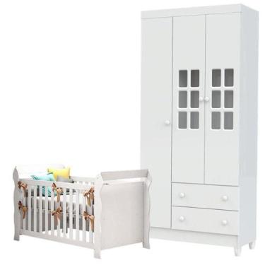Imagem de Berço Lara E Guarda Roupa Infantil 3 Portas Mariah Branco Brilho - Car