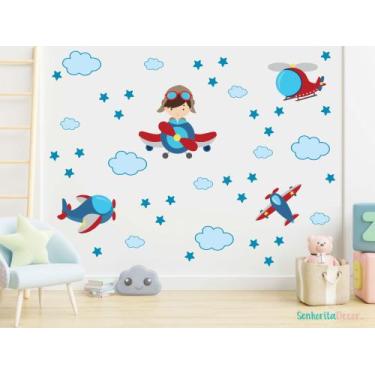 Imagem de adesivo de parede menino aviador aeronaves - Senhorita Decor
