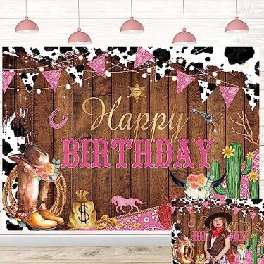 Imagem de Pano de fundo de vaqueira para festa de aniversário, vaqueira ocidental, fundo de fotografia de feliz aniversário, estampa de vaca preto branco rosa fazenda do oeste selvagem crianças, faixa de chá de bebê, adereços de sessão de fotos 20 x 15 cm (94 x 70