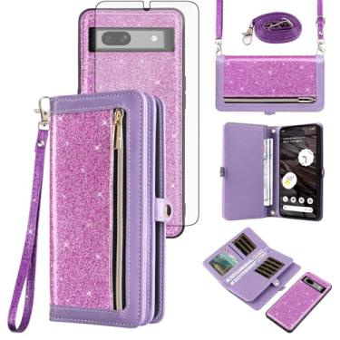 Imagem de Asuwish Capa de celular para Google Pixel 7A 5G 2023 com zíper carteira destacável com protetor de tela de vidro temperado, alça transversal com cordão com glitter, suporte para cartão Pixel7A A7
