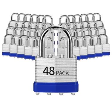 Imagem de HZSY Cadeado com chave de aço laminado (40 mm), fechaduras com chave, embalado com 48, cadeados de manilha normal, aros de plástico azul, para caixa de ferramentas, armário e unidade de armazenamento