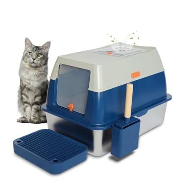 Imagem de FOXORU Caixa de areia fechada de aço inoxidável XL com tampa, laterais altas, elimina odores, fácil limpeza, caixa de areia de metal extragrande com tampa para gatos internos, azul