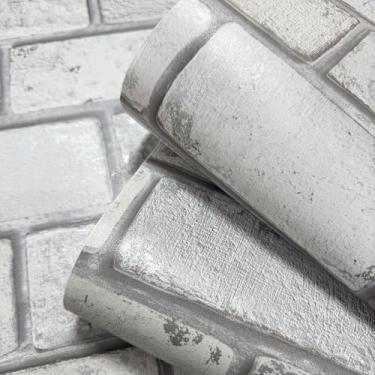 Imagem de JiffDiff Papel de parede de tijolo cinza de 43,9 cm × 203,2 cm, papel de parede autoadesivo vintage, papel de contato removível de tijolo de vinil para decoração de paredes com detalhes de quarto