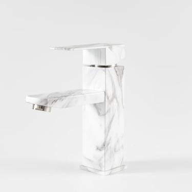 Imagem de Torneira de pia de banheiro de alça única branca mármore adequada para 1 furo, torneira de vaidade de aço inoxidável para pia de banheiro com mangueiras de abastecimento de água 9/16