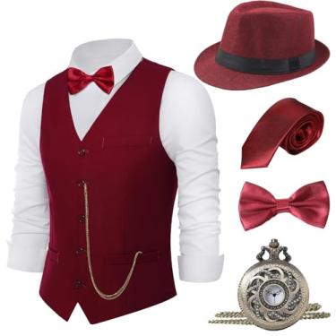 Imagem de BABEYOND Conjunto de acessórios de fantasia masculino Gatsby Gangster da década de 1920, chapéu Fedora, Vinho tinto, G