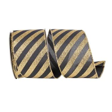 Imagem de Reliant Ribbon Fita de borda com fio com glitter diagonal listrada, preto/dourado