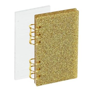 Imagem de A6 fichário acrílico para caderno, 6 anéis, folha solta com glitter amarelo, 90 folhas de papel, design plano, anel redondo de metal dourado